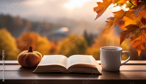 enjoying autumn colors while relaxing with a good book and hot drink