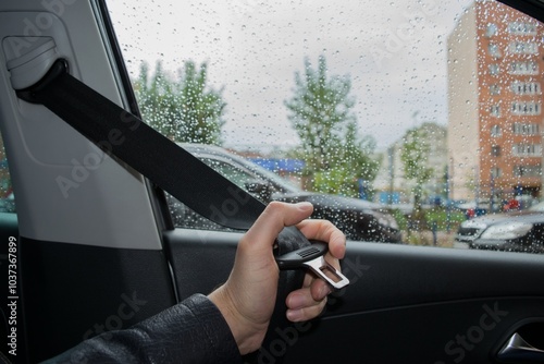 The driver's hand pulls out the seat belt before driving against the background of the yard and drops on the glass