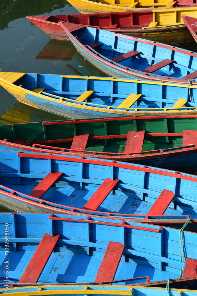 brightness  contrast colour of  traditional  boats in the phewa lake nepal