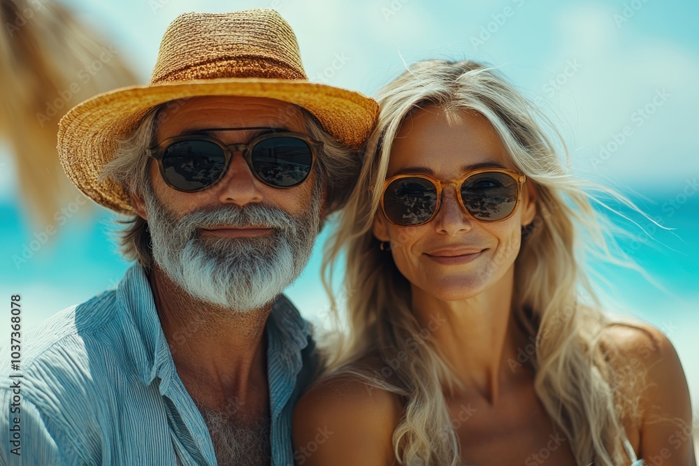 Couple enjoying a sunny beach day together, wearing sunglasses and hats by the ocean Couple enjoying a sunny beach day together, wearing sunglasses and hats by the ocean