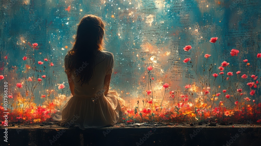 A woman in a white dress sits among vibrant flowers beneath a starry sky, offering a serene and dreamlike atmosphere. A woman in a white dress sits among vibrant flowers beneath a starry sky, offering a serene and dreamlike atmosphere.
