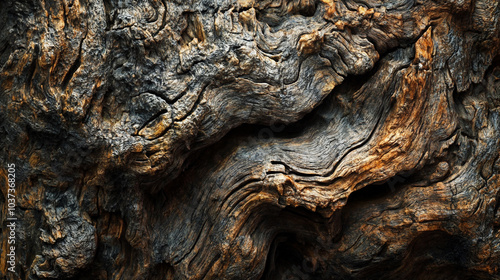 Close-up of the intricate and twisted texture of an ancient olive tree trunk, highlighting the natural patterns and colors. photo