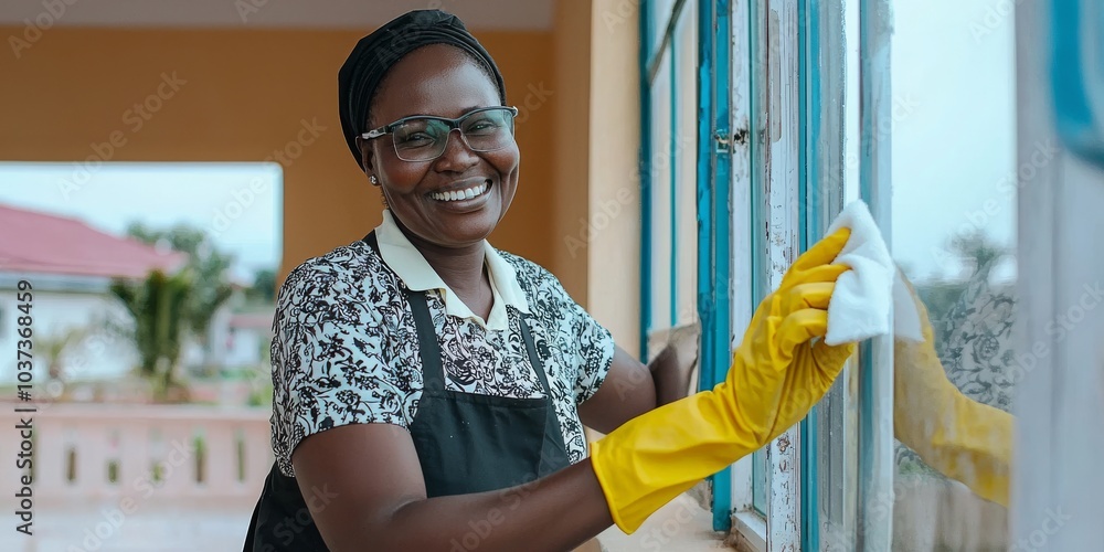 A radiant smile amidst gleaming windows: A woman, wearing protective eyewear and yellow gloves, diligently cleans a window. Her bright smile reflects the joy and satisfaction of a job well done.