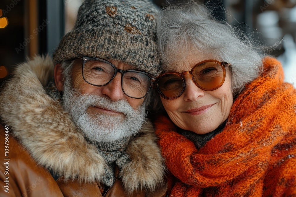 Elderly couple enjoying a cozy moment outdoors during winter in a charming café setting Elderly couple enjoying a cozy moment outdoors during winter in a charming café setting