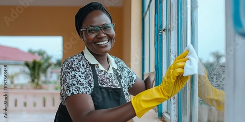 Obraz na płótnie A radiant smile amidst gleaming windows: A woman, wearing protective eyewear and yellow gloves, diligently cleans a window. Her bright smile reflects the joy and satisfaction of a job well done. w salonie