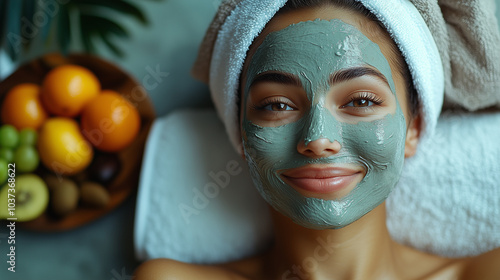 Woman with a green face mask on her face. She is smiling and has a white towel on her head