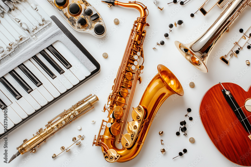 Naklejka premium Various musical retro style instruments isolated on the white background. Top view.