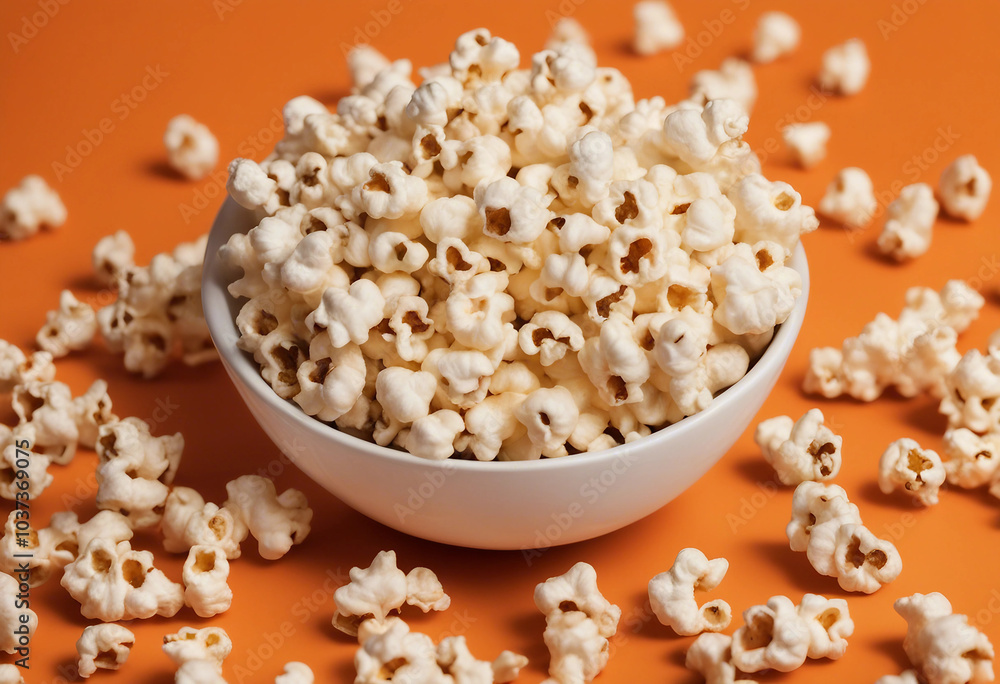 Flat lay composition with popcorn on orange background copy space Flat lay composition with popcorn on orange background copy space