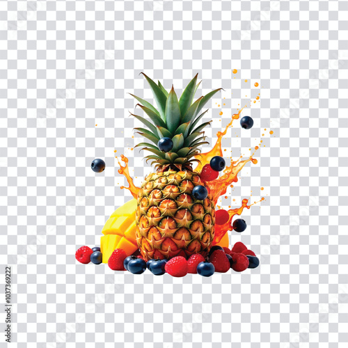 An explosion of mixed fruits splash on a transparent background