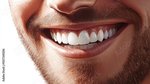 Close-up of a male face's lower half, showcasing a bright, charming smile with flawless teeth, perfectly framed by a strong chin and nose against a pure white background.
