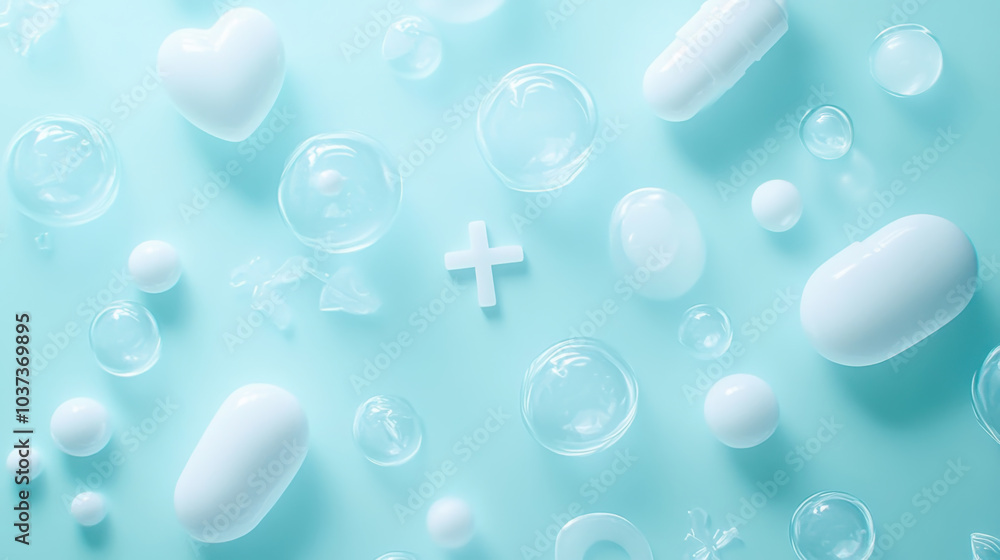 Abstract medical background with white pills and transparent bubbles on light blue Abstract medical background with white pills and transparent bubbles on light blue