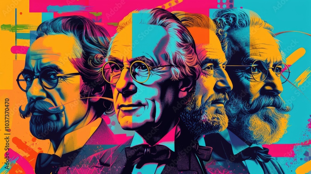 Three men in glasses, with colorful abstract background. Three men in glasses, with colorful abstract background.