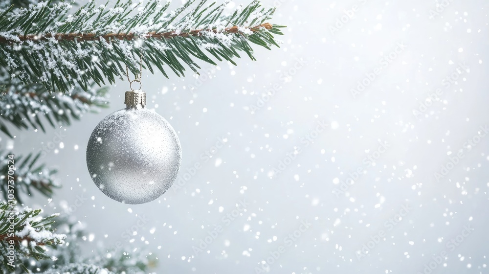 Silver christmas ornament hanging from a snow covered branch Silver christmas ornament hanging from a snow covered branch