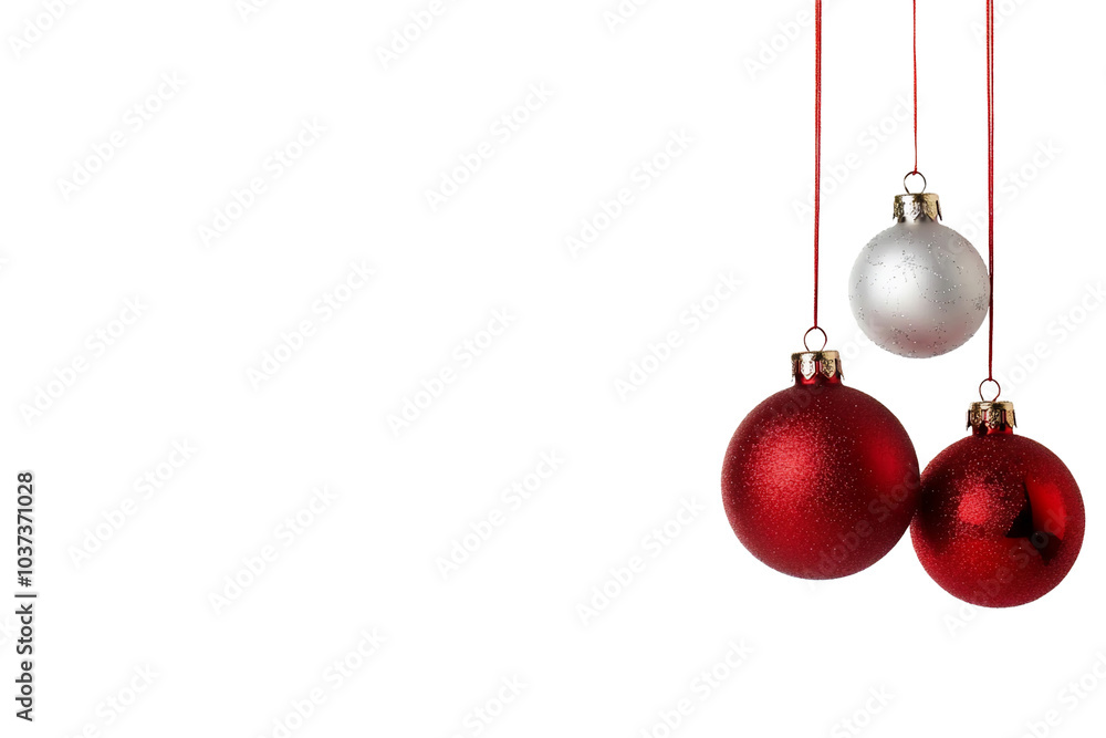 Three festive Christmas ornaments in red and white, ready for decoration. Three festive Christmas ornaments in red and white, ready for decoration.