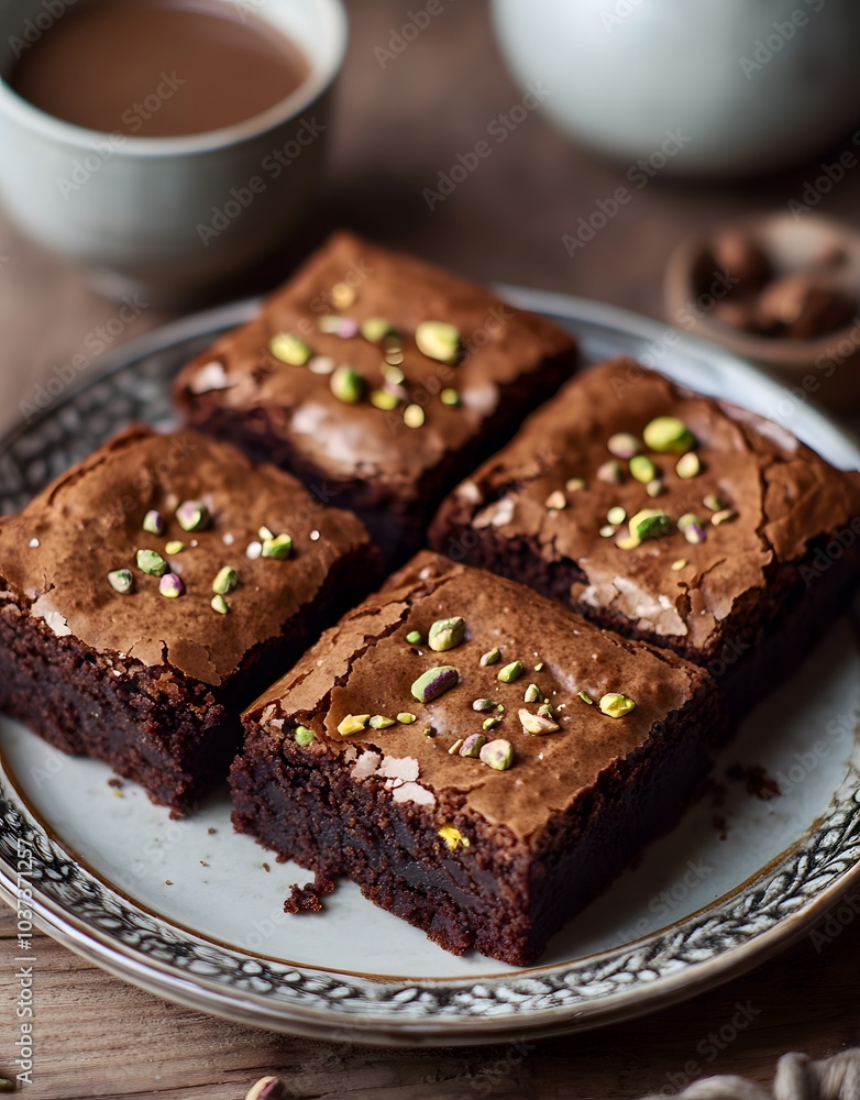 A plate of brownies topped with pistachios, accompanied by a cup of tea. A plate of brownies topped with pistachios, accompanied by a cup of tea.