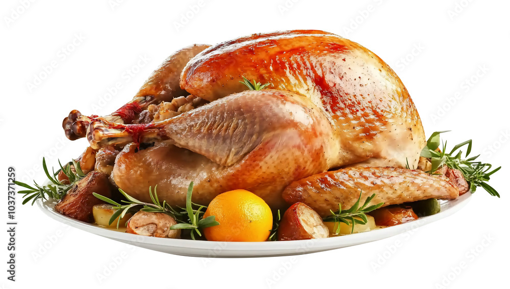 A beautifully roasted turkey on a platter, garnished with herbs. A beautifully roasted turkey on a platter, garnished with herbs.