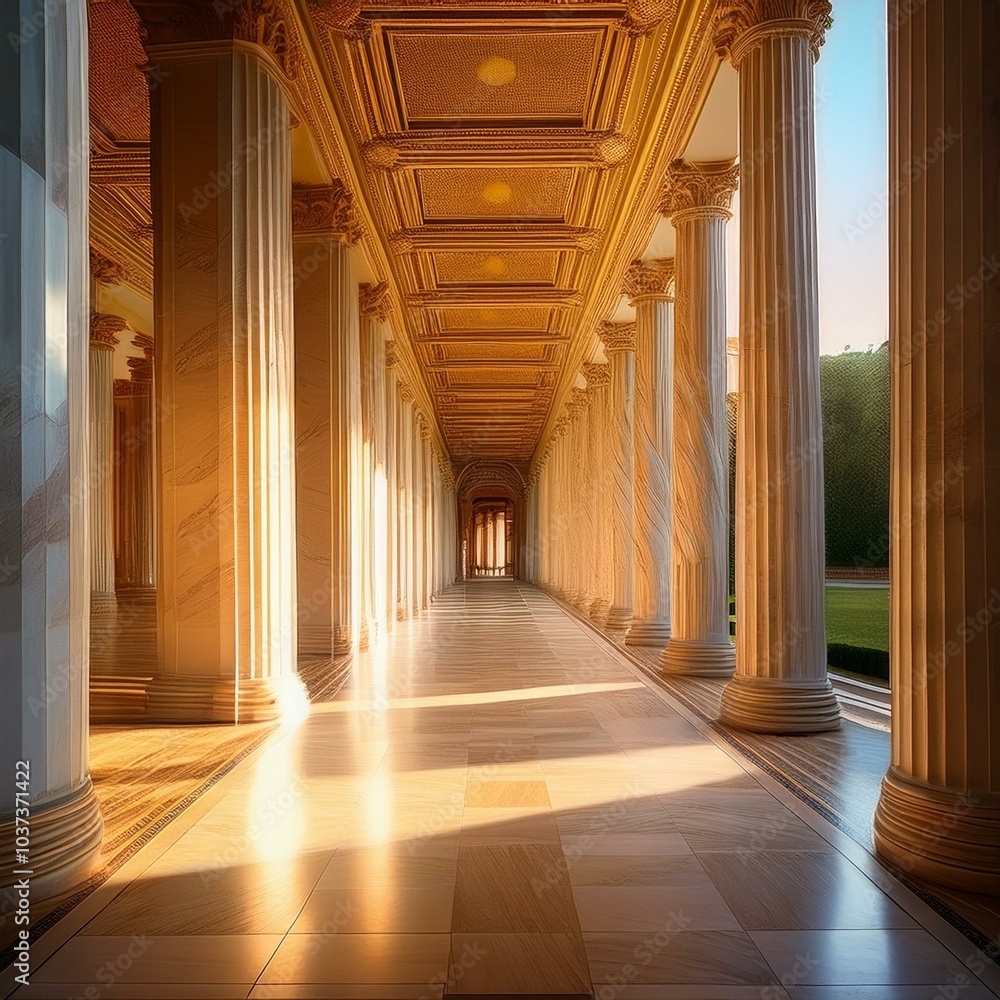 sunlight illuminating a palace hallway with marble columns sunlight illuminating a palace hallway with marble columns