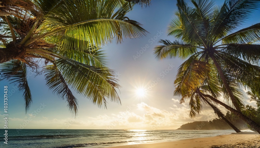 Fototapeta premium sun shining through palm trees on tropical beach