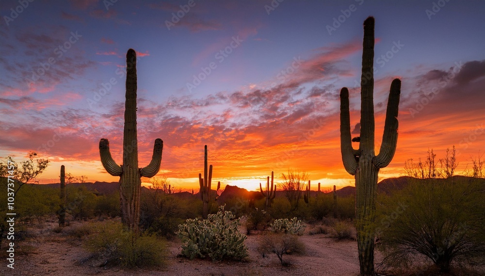 sunset over the arizona desert saguaro cacti silhouetted against the fiery sky sunset over the arizona desert saguaro cacti silhouetted against the fiery sky