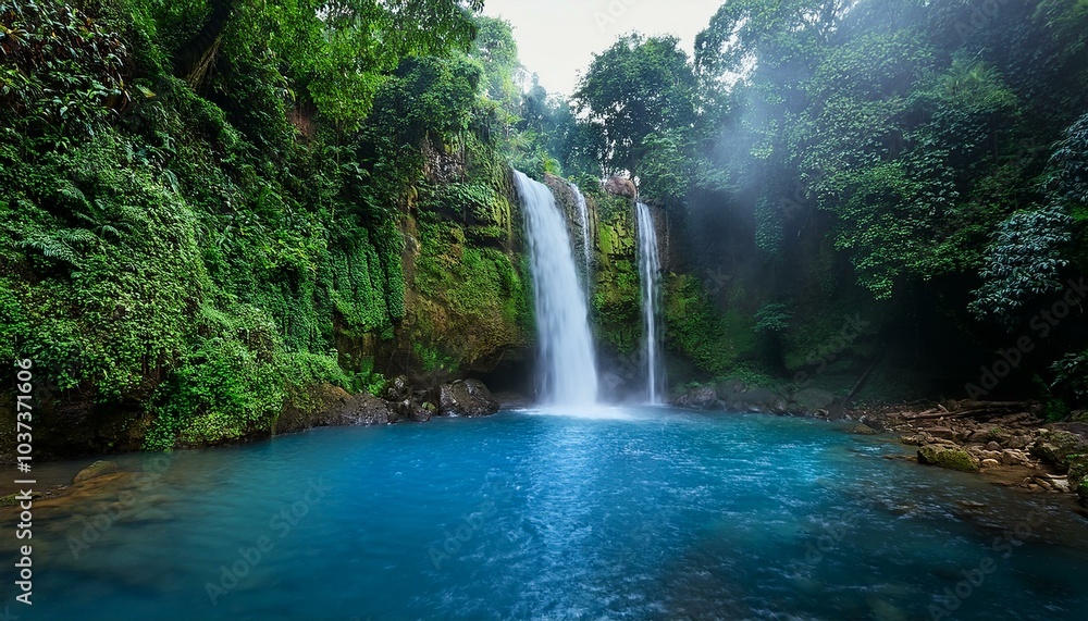 the misty blue waterfall cascades into a lush green rainforest pool the misty blue waterfall cascades into a lush green rainforest pool