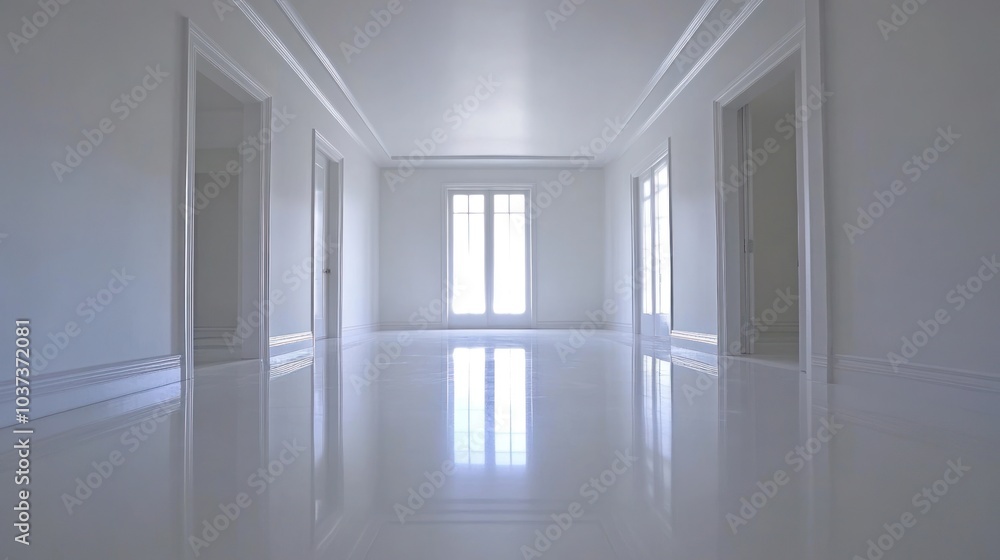 A spacious, minimalist hallway with white walls and glossy floors, illuminated by natural light. A spacious, minimalist hallway with white walls and glossy floors, illuminated by natural light.