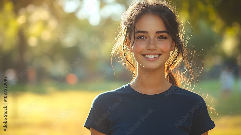 Happy young woman with dark cropped hair standing confidently in a park, dressed casually in a navy blue T-shirt, khaki shorts, and red sneakers Happy young woman with dark cropped hair standing confidently in a park, dressed casually in a navy blue T-shirt, khaki shorts, and red sneakers