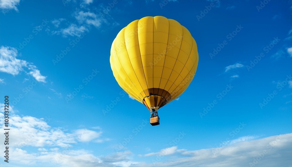 Naklejka premium yellow hot air balloon gracefully rises in the blue sky offering a unique view of the world below evoking freedom and joy on a sunny day