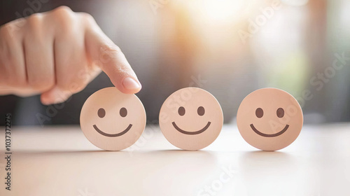 A hand pointing at a happy smile face illustration, with a set of emoticons lined up on a white table, and the background blurred. --chaos