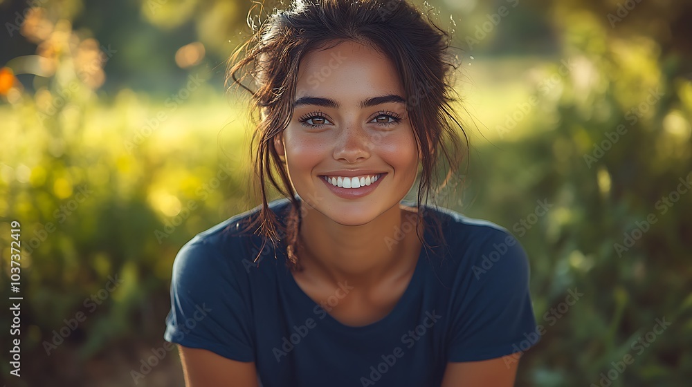 Relaxed young woman with dark cropped hair smiling in a park, wearing a navy blue T-shirt, khaki shorts, and red sneakers Relaxed young woman with dark cropped hair smiling in a park, wearing a navy blue T-shirt, khaki shorts, and red sneakers