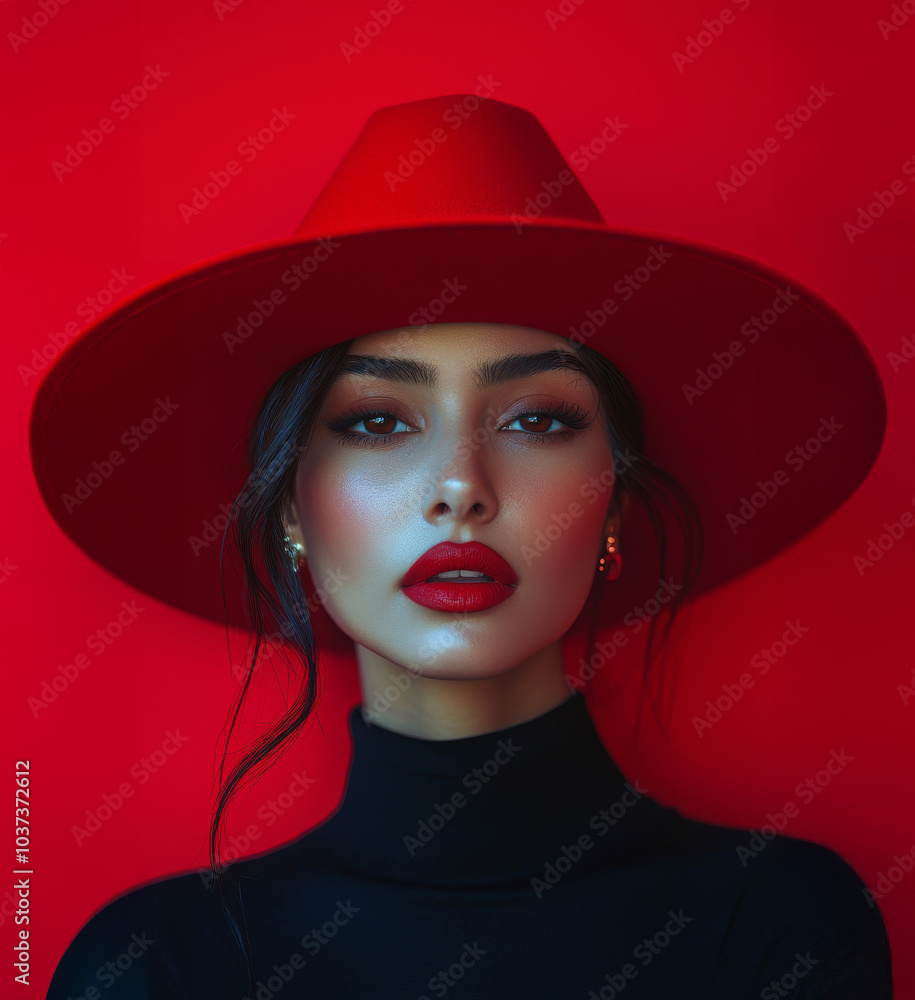 Striking Portrait of an Indian Woman in Red Hat and Bold Lipstick generative ai Striking Portrait of an Indian Woman in Red Hat and Bold Lipstick generative ai