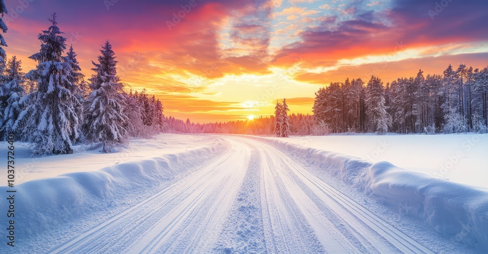 Winter Road to Colorful Sunrise. AI generated illustration. Winter Road to Colorful Sunrise. AI generated illustration.