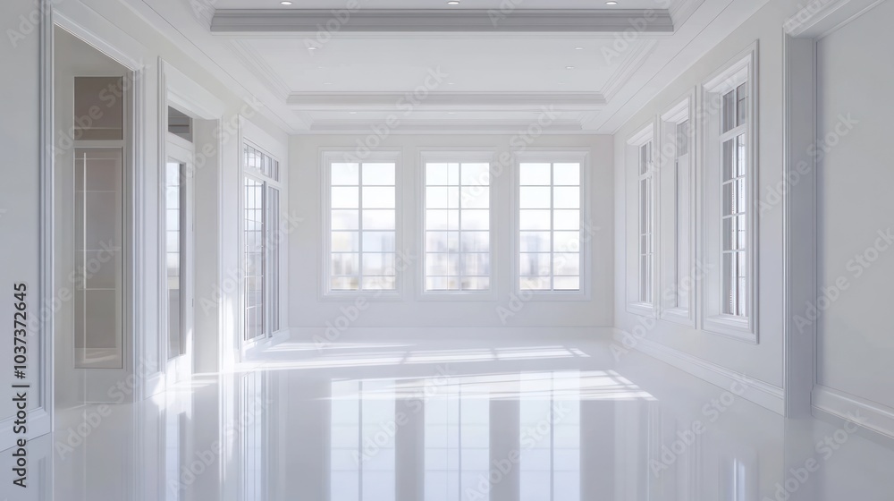 A spacious, modern room with large windows and polished floors, ideal for interior design. A spacious, modern room with large windows and polished floors, ideal for interior design.