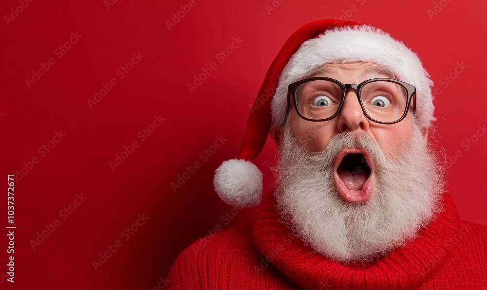 Surprised Santa Claus in red outfit and glasses against a red background Surprised Santa Claus in red outfit and glasses against a red background