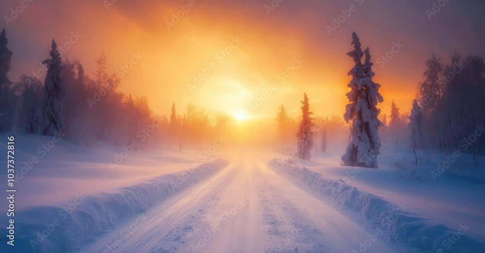 Winter Road to Colorful Sunrise. AI generated illustration. Winter Road to Colorful Sunrise. AI generated illustration.