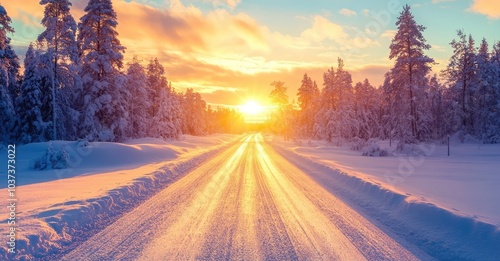 Winter Road to Colorful Sunrise. AI generated illustration.