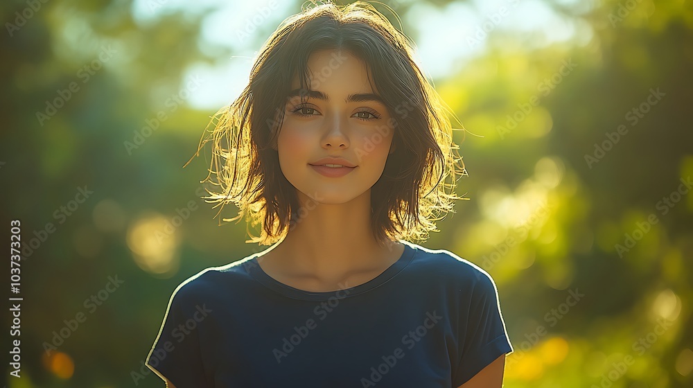 Cheerful young woman with very short dark hair standing in a sunny park, dressed in a navy blue T-shirt, khaki shorts, and red sneakers Cheerful young woman with very short dark hair standing in a sunny park, dressed in a navy blue T-shirt, khaki shorts, and red sneakers