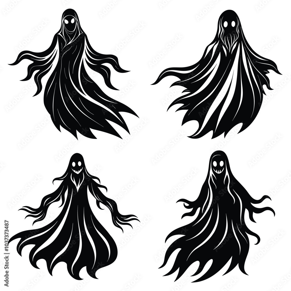 Spooky Halloween Ghost Character Set Vector Scary Haunted Silhouette Illustration for Holiday Design Spooky Halloween Ghost Character Set Vector Scary Haunted Silhouette Illustration for Holiday Design