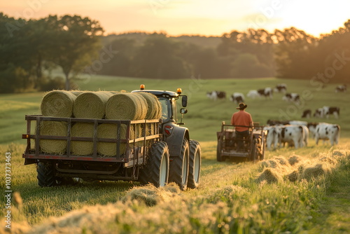 A tractor pulling a cart of hay bales across a sunny field, with cows grazing in the background