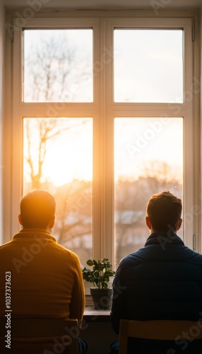 Two individuals sitting by a window, watching a sunset with a plant nearby.