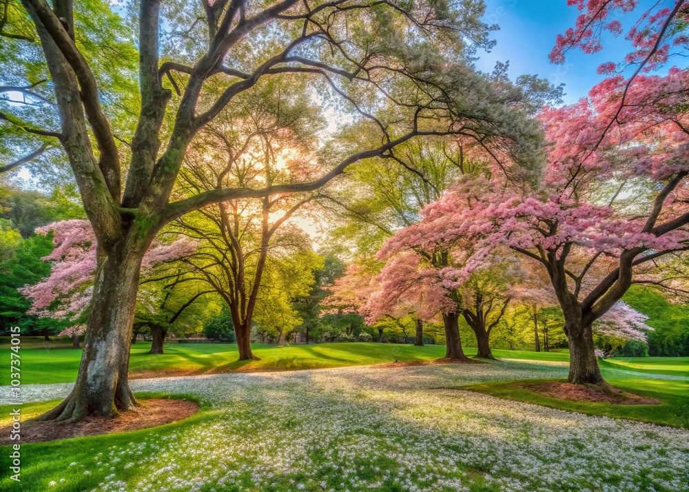 Serene Flowering Dogwood Trees in a Peaceful Park with Soft Pastel Colors and Fallen Petals Serene Flowering Dogwood Trees in a Peaceful Park with Soft Pastel Colors and Fallen Petals