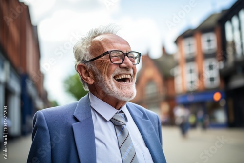 Portrait of a senior businessman laughing outside in a city street.