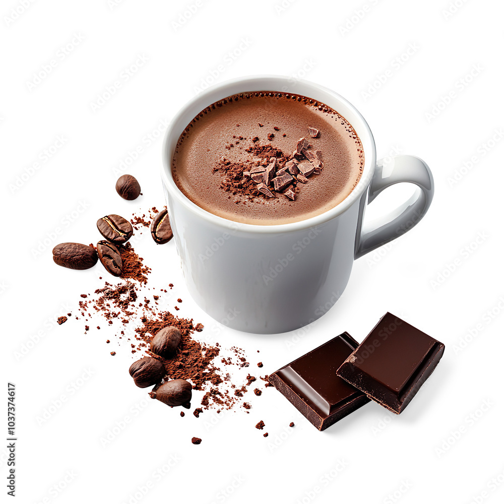 Hot Chocolate with Chocolate Shavings and Coffee Beans on a Transparent Background Hot Chocolate with Chocolate Shavings and Coffee Beans on a Transparent Background