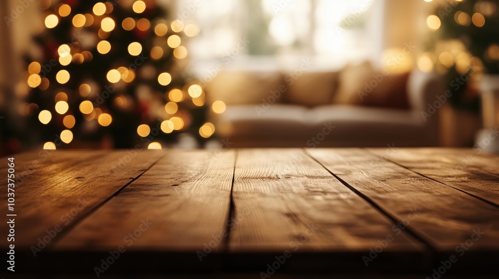 Empty wood table top with abstract warm living room decor with christmas tree blur background with bokeh light,Holiday backdrop,Mock up banner for display of advertise product ,luxury house Empty wood table top with abstract warm living room decor with christmas tree blur background with bokeh light,Holiday backdrop,Mock up banner for display of advertise product ,luxury house