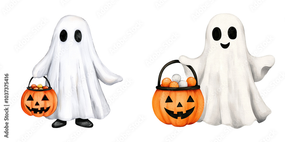 playful ghost figurines with happy expressions, one holding a pumpkin and the other a candy bucket, capturing the Halloween spirit. watercolor, clipart, isolated on transparent background playful ghost figurines with happy expressions, one holding a pumpkin and the other a candy bucket, capturing the Halloween spirit. watercolor, clipart, isolated on transparent background
