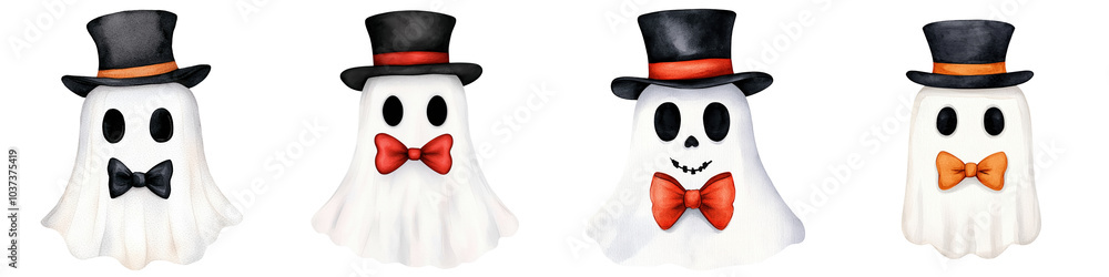playful ghost illustrations wearing top hats and bow ties, suitable for a Halloween theme or festive decoration. watercolor, clipart, isolated on transparent background playful ghost illustrations wearing top hats and bow ties, suitable for a Halloween theme or festive decoration. watercolor, clipart, isolated on transparent background