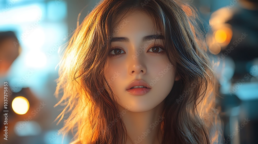 Behind-the-scenes shot of a Chinese model posing while studio staff adjust lighting and camera angles Behind-the-scenes shot of a Chinese model posing while studio staff adjust lighting and camera angles