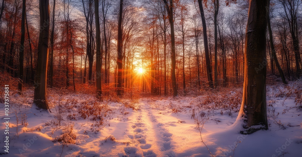 Sunset in Winter Woods. AI generated illustration. Sunset in Winter Woods. AI generated illustration.