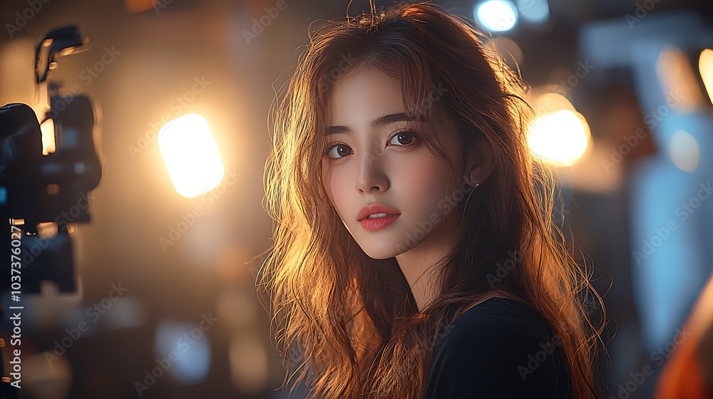 Cameraman giving instructions to a Chinese model on how to pose under studio lights during a fashion shoot Cameraman giving instructions to a Chinese model on how to pose under studio lights during a fashion shoot