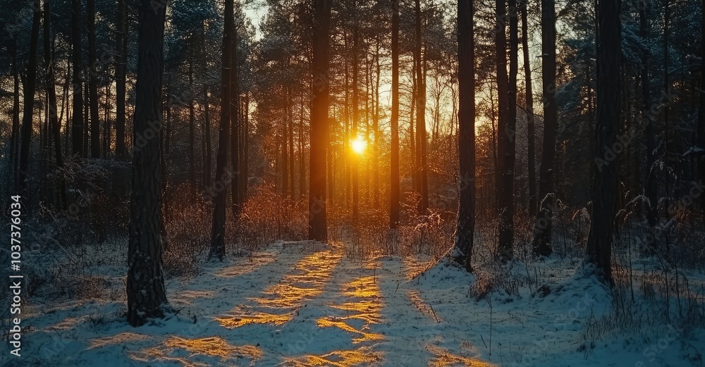 Sunset in Winter Woods. AI generated illustration. Sunset in Winter Woods. AI generated illustration.