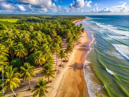 Serene Sargi Beach in Serra Grande, Bahia: Tropical Coconut Trees on Sandy Shores Under Bright Sunlight photo